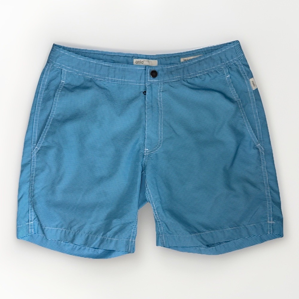 Onia Calder 7.5" Swim Trunks Mens 32 Blue Gingham Check Lined Shorts Beach